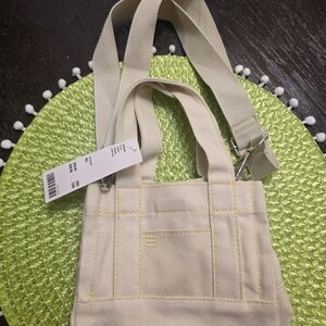 Urban Outfitters Cream Mini Canvas Tote Bag with Yellow Stitching